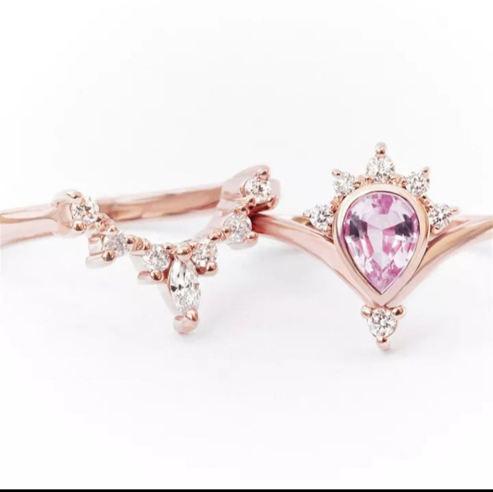 HP🎀2pc Rose Gold Pink Sapphire Diamond Pear Ring - Picture 4 of 5